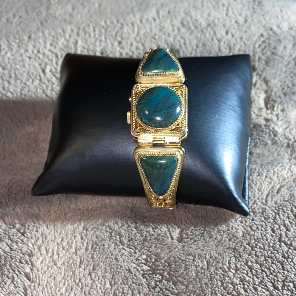 Vintage Chaika Watch That’s Also A Bracelet. Gold Tone With Teal Stone Accent